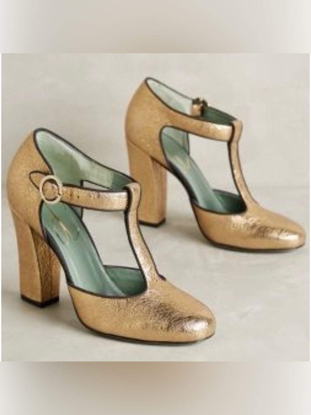 Paola D’Arcano T-Strap Metallic Gold Block Heel Pumps - Women